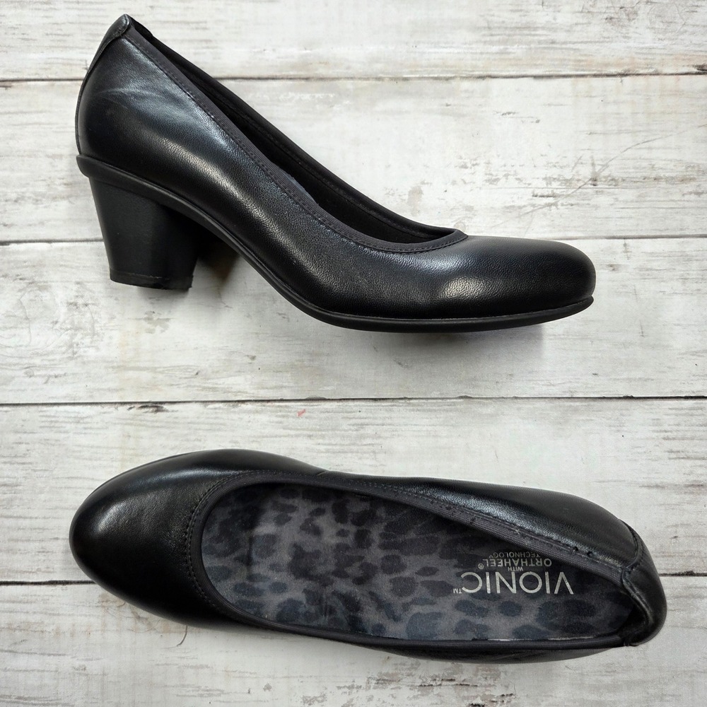 Vionic Mabrey Orthaheel Leather Block Heel Pumps Women 8 Black Round Toe Career